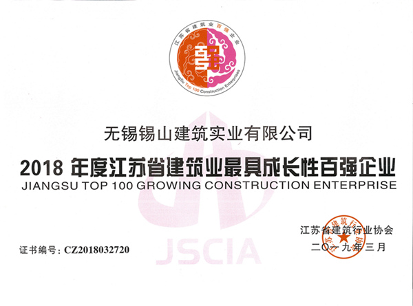 2018年度江蘇省建筑業(yè)最具成長性百強企業(yè)